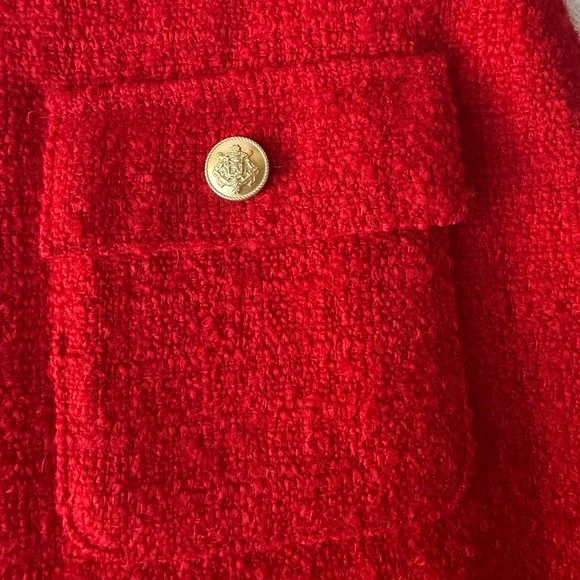 J.Crew Red Tweed Mini Skirt Gold Button Pockets Fringe Trim Classic Parisian - Picture 3 of 15